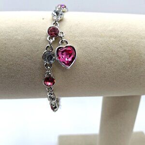 Silvertone Heart Charm Bracelet Purple and Clear Swarovski Crystals NWT